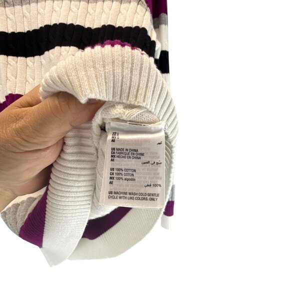 Women's Cable Knit Sweater Stripe Crewneck Long Sleeve Purple Gray Black White L - Picture 3 of 7